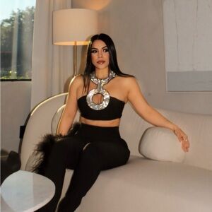 Edgy Black and Silver Halter Crop Top with Keyhole Design